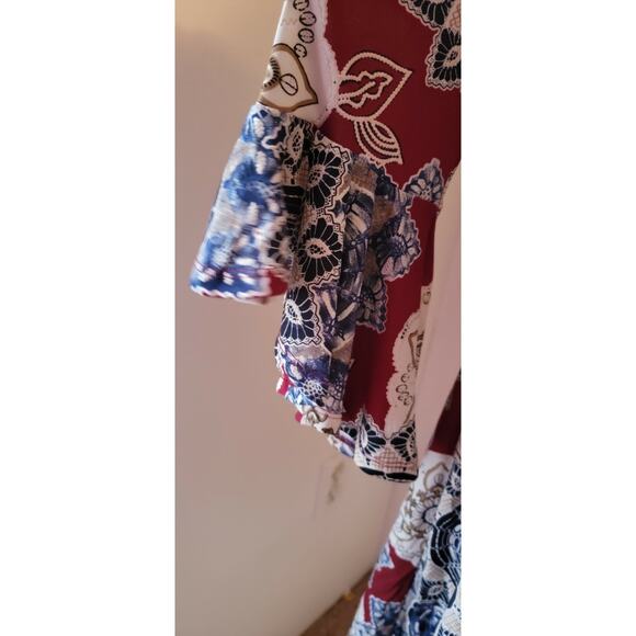 SJS Womens Burgundy Floral Bell Sleeve Slinky Shift Dress Metallic Thread Small - Picture 2 of 5